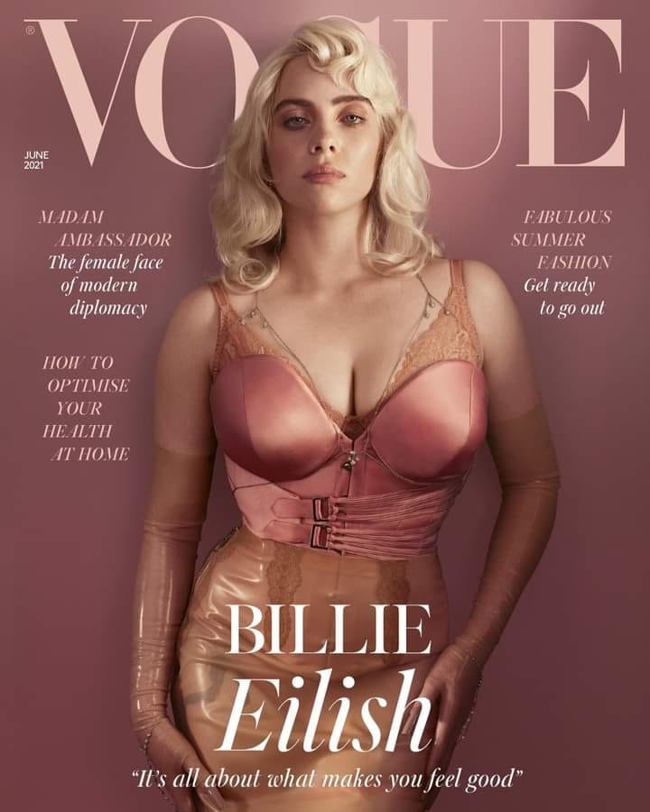 Billie Eilish posando en la portada de la edición británica de Vogue. 