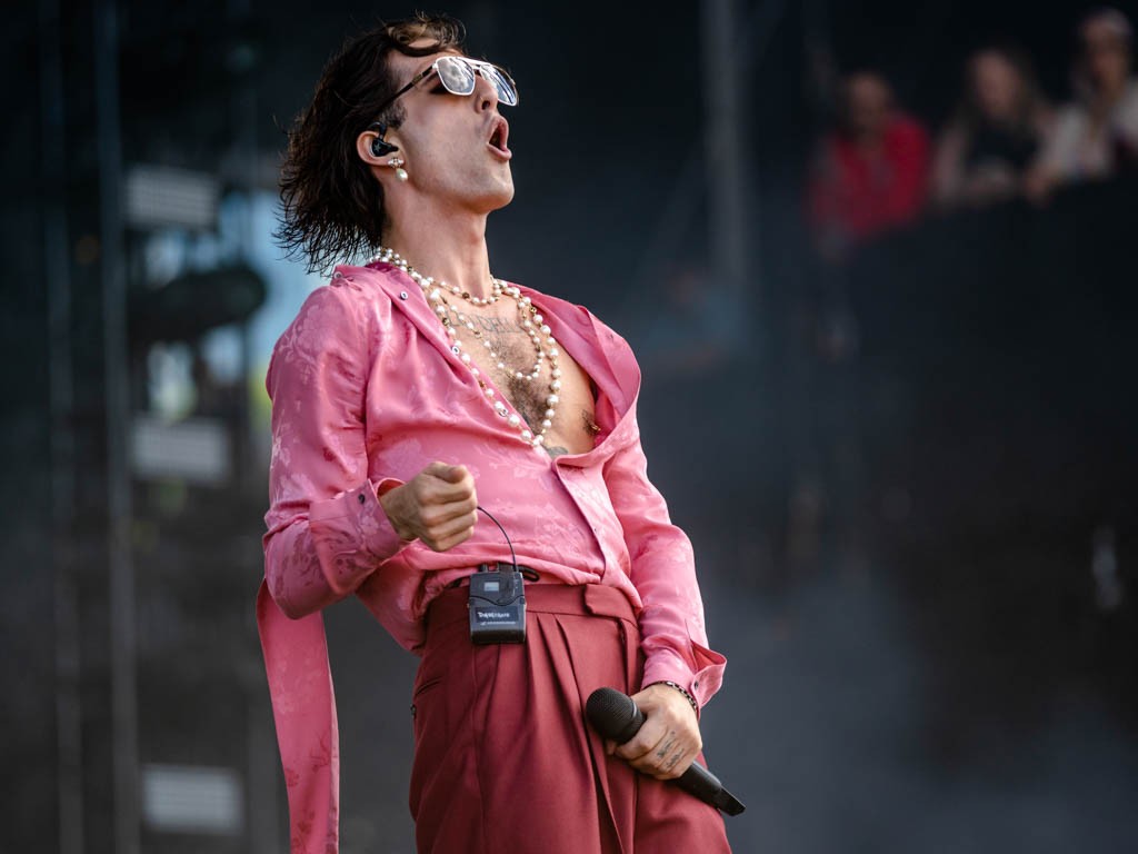 CHICAGO, ILLINOIS - JULY 31: Damiano David of Maneskin performs during Lollapalooza 2022 day four at Grant Park on July 31, 2022 in Chicago, Illinois. (Photo by Josh Brasted/FilmMagic)