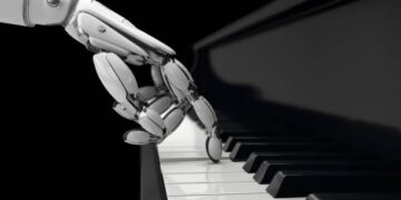 Robot hand presses the key on the piano, the machine learning technology. 3D illustration.